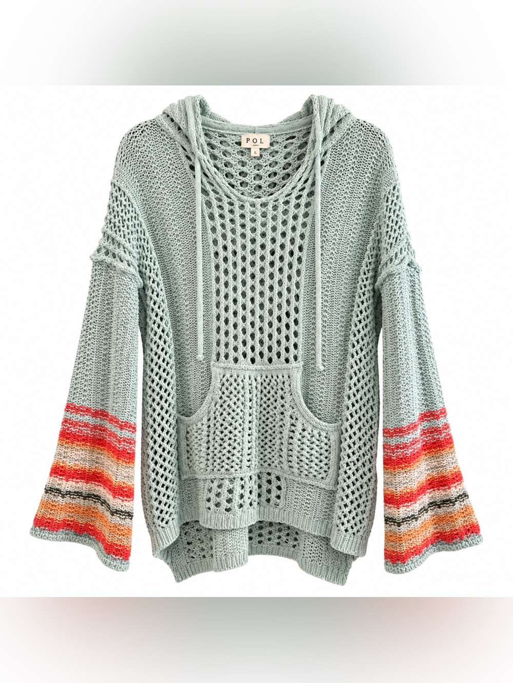 POL Open Knit Hooded Sweater Large Seafoam Striped Bell Sleeve Boho
